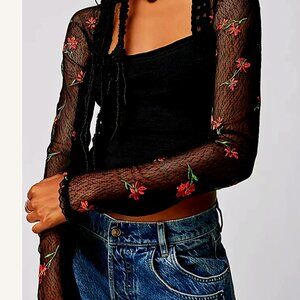 Free People Jolie Black Lace Long Sleeve Top NWOT XS